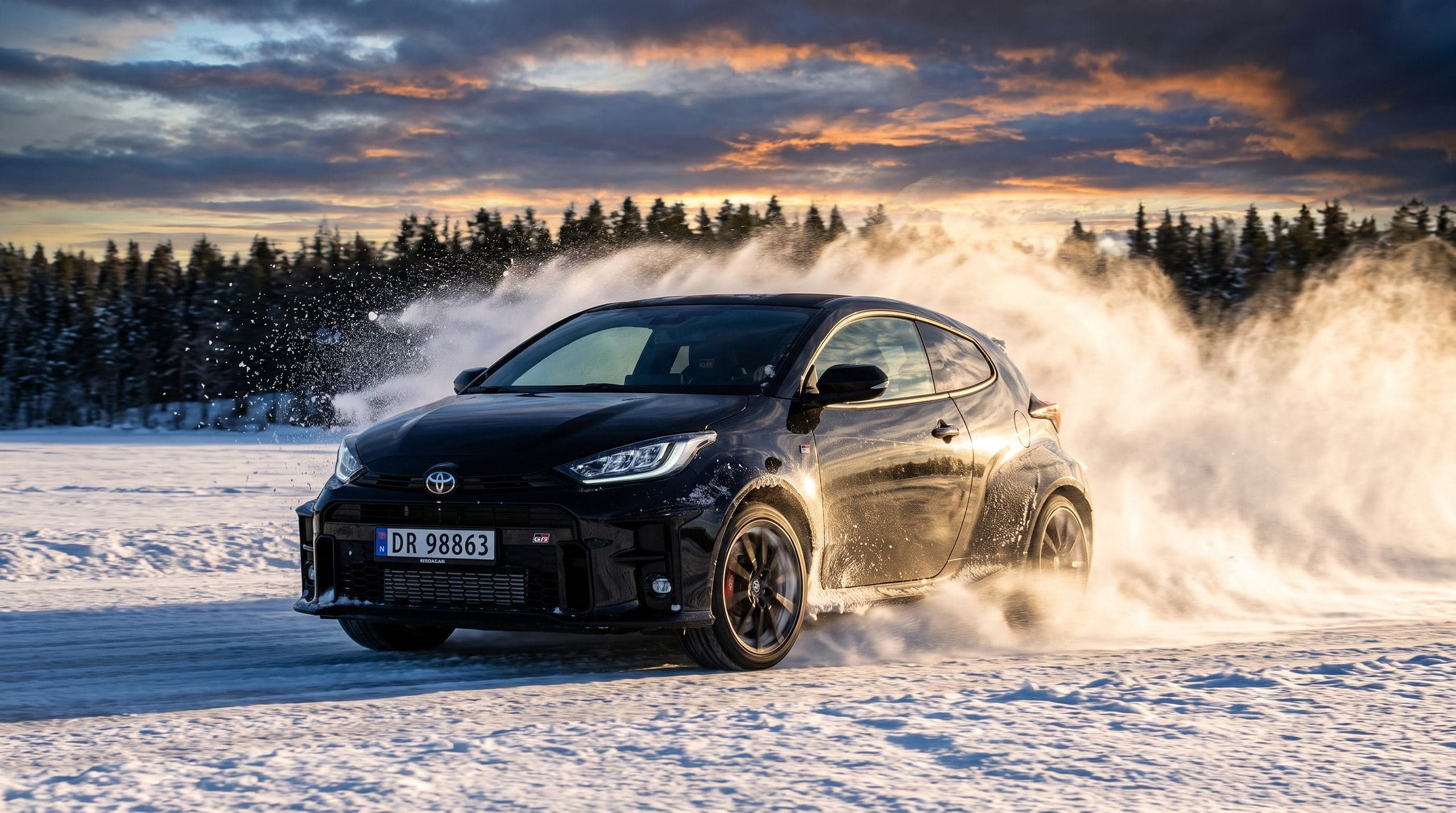 Bil i drift med snøsprut på isbanen på Hurdalsjøen i solnedgang