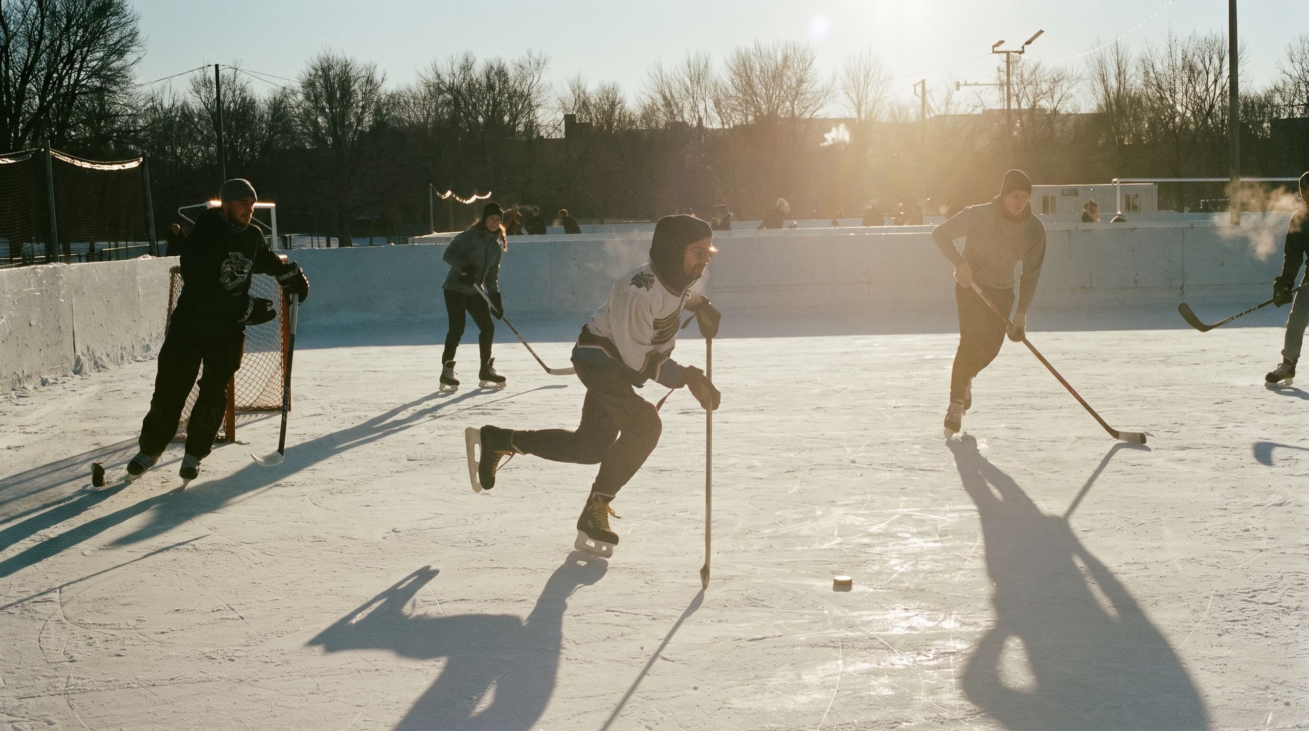 Folk som spiller hockey på naturis på Hurdalsjøen i lav vintersol